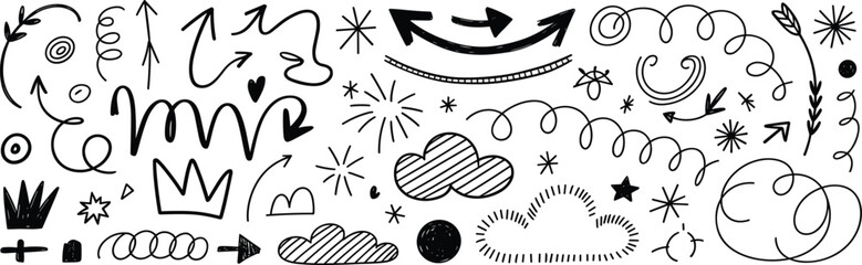 Hand-drawn doodle arrow, swirl, cloud, and star clipart set &ndash; black sketch elements for design, bullet journals, scrapbooking