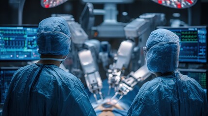 Two surgeons in surgical attire focus intently on a robotic surgical system in a modern operating room. The environment is filled with advanced medical monitors and technology