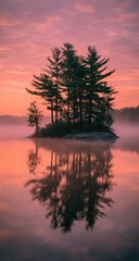 Sunrise over a still lake with an island