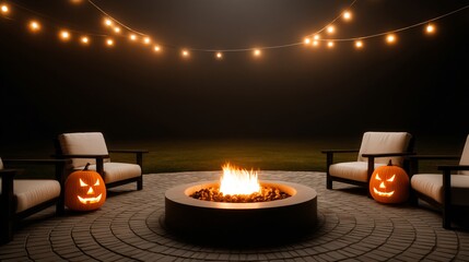 backyard Halloween party with fire pit, carved pumpkins, and string lights 
