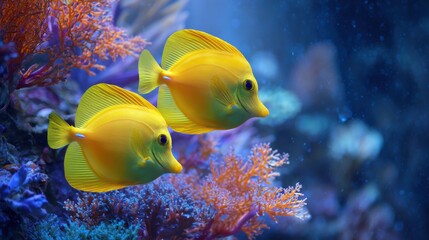 Two bright yellow fish explore a lively coral reef filled with purple and orange corals in a clear tropical ocean, showcasing diverse marine life and colors