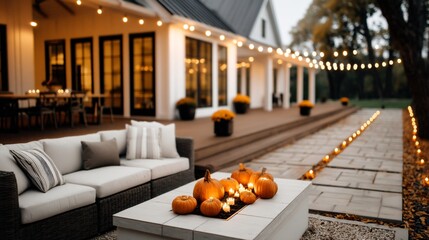 backyard Halloween party with fire pit, carved pumpkins, and string lights