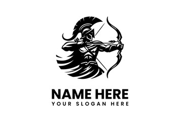 Black and white Spartan archer with feathered helmet drawing back bow.