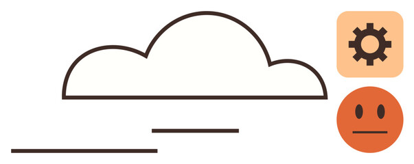 Cloud outlined in black, gear inside orange square, and neutral face icon. Ideal for technology, networking, data storage, innovation, emotions communication artificial intelligence. Simple flat