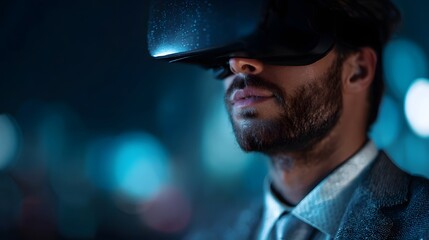 Businessman using virtual reality headset for investment simulation