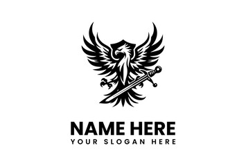 Obraz premium Black Eagle Emblem with Sword Shield and Bold Typography.
