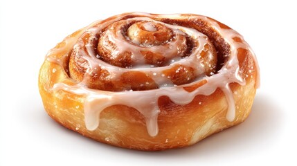 Warm cinnamon roll features a swirled shape and glossy icing. The golden-brown pastry tempts with layers of flavor, perfect for breakfast or a tasty snack