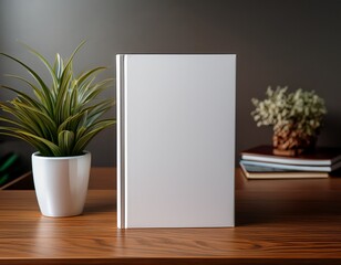 Fototapeta premium a crisp white hardcover book stands upright on a wooden desk