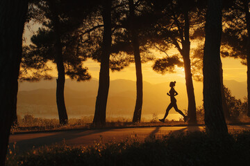 Sunset runner jogging along a path surrounded by trees with mountains in the background