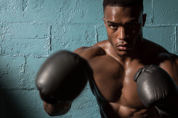 Boxer practices technique in training session against blue wall during evening workout at local gym