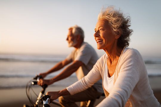 Couple enjoying a sunset bike ride along a beach with gentle waves and warm colors in the sky
