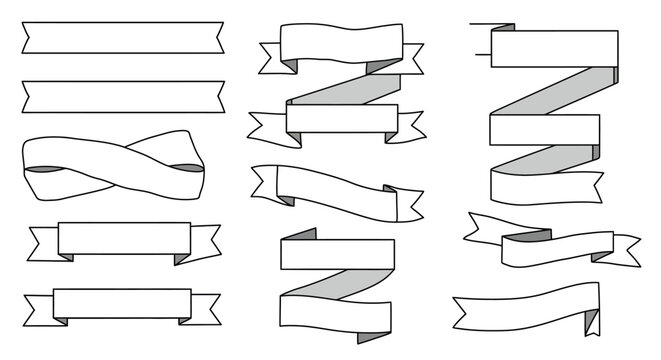 Collection of White Ribbon Banners with Black Outlines and Gray Accents