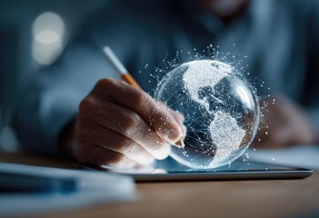 Hand drawing a globe on a tablet