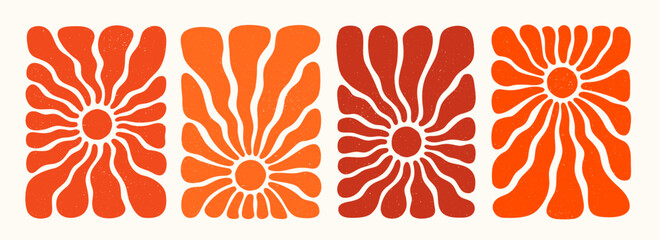 Retro sun or groovy flower pattern set in orange and red tones with bold organic rays on textured background. Sun pattern in abstract groovy style. Great for posters, fabric, packaging, and wall art