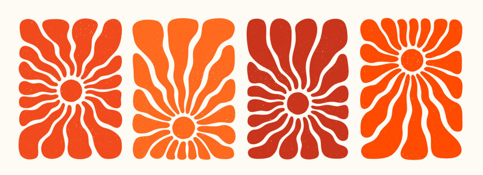 Retro sun or groovy flower pattern set in orange and red tones with bold organic rays on textured background. Sun pattern in abstract groovy style. Great for posters, fabric, packaging, and wall art