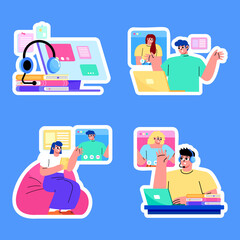 E-learning and Remote Learning Concepts Sticker Hand Drawn Flat Collection