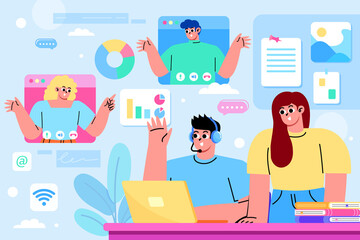 Student and Teacher in an E-learning Environment Flat Hand Drawn Composition