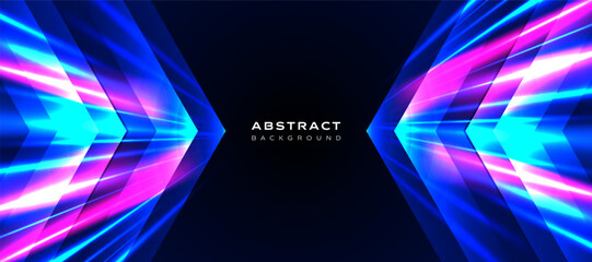 Horizontal abstract vector background with glowing neon arrows in blue and pink on dark gradient. Perfect for website, cover, and presentation design with a modern and futuristic theme