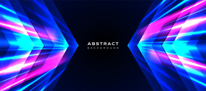 Horizontal abstract vector background with glowing neon arrows in blue and pink on dark gradient. Perfect for website, cover, and presentation design with a modern and futuristic theme