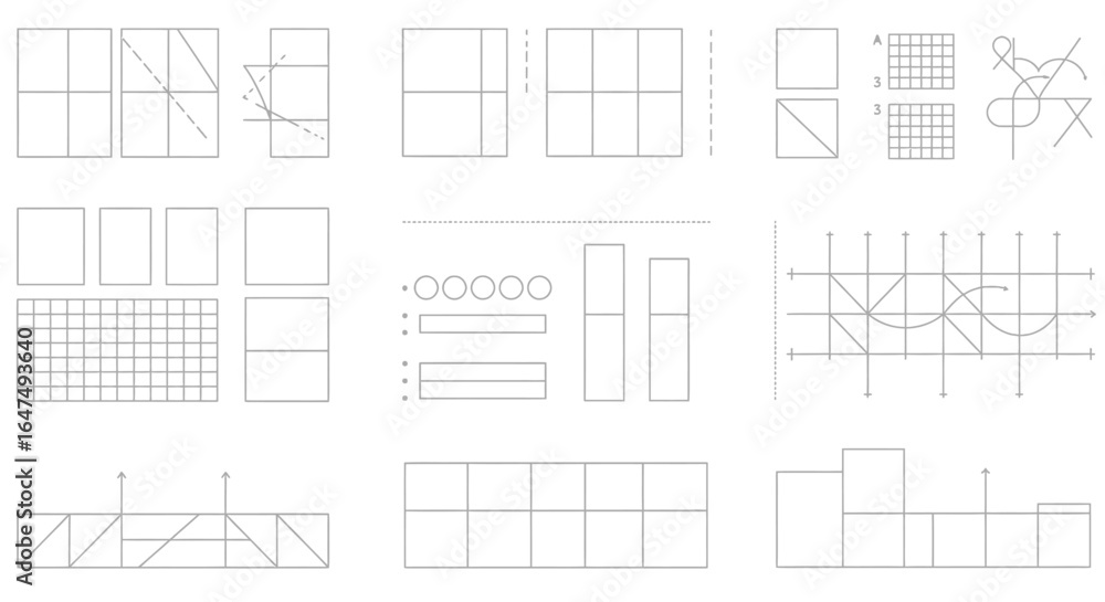 Poster whiteboard sketch: abstract geometric shapes and diagrams with lines and grids