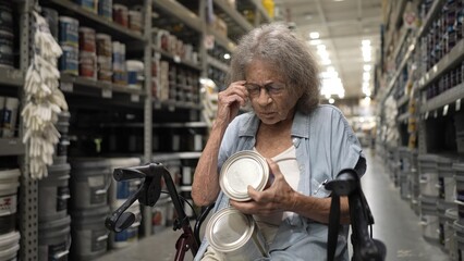 An elderly woman sits in a walker wheelchair in a hardware store, carefully inspecting paint cans...