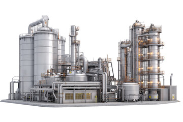 Front View of Industrial Facility with Pipes, Silos, and Storage Tanks, Isolated on Transparent Background
