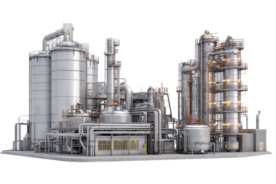 Front View of Industrial Facility with Pipes, Silos, and Storage Tanks, Isolated on Transparent Background