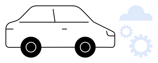Simple car outline accompanied by cloud and gears symbols, reflecting innovation, automation, and environmental technology. Ideal for mobility, transportation, sustainability, automation, energy