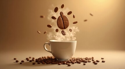 Obraz premium Coffee Cup with Floating Coffee Beans and Steam in Warm Lighting