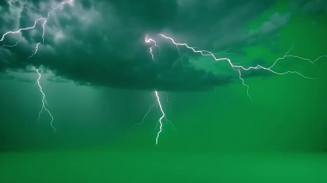Dramatic lightning strikes across a vibrant green sky creating a powerful, electrifying atmosphere