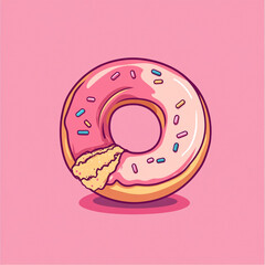 A cute, flat-style illustration of a donut with a white glaze and colorful sprinkles. It sits on a bright pink background.
