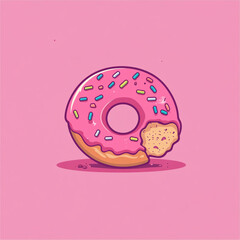A cute, flat-style illustration of a donut with a white glaze and colorful sprinkles. It sits on a bright pink background.
