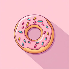 A cute, flat-style illustration of a donut with a white glaze and colorful sprinkles. It sits on a bright pink background.
