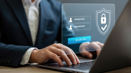 User Authentication Concept with Laptop and Lock Icon Display