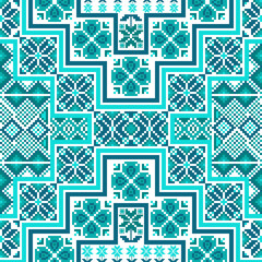 Obraz premium Pixel art ethnic, Pattern fabric pixel, design for background, clothing, decorative, drapery, cloth embroidery, geometric pixel art, handcraft, wallpaper, carpet, bag, card, cushions, Print, ethnic