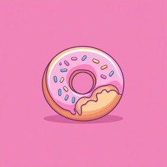 A cute, flat-style illustration of a donut with a white glaze and colorful sprinkles. It sits on a bright pink background.
