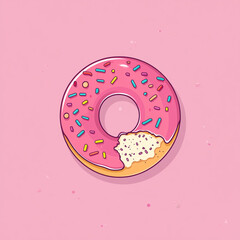 A cute, flat-style illustration of a donut with a white glaze and colorful sprinkles. It sits on a bright pink background.
