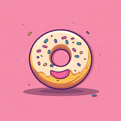 A cute, flat-style illustration of a donut with a white glaze and colorful sprinkles. It sits on a bright pink background.
