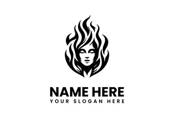 Fiery Womans Face Logo with Flowing Hair and Elegant Features.