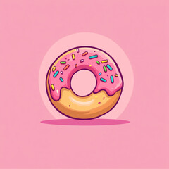 A cute, flat-style illustration of a donut with a white glaze and colorful sprinkles. It sits on a bright pink background.
