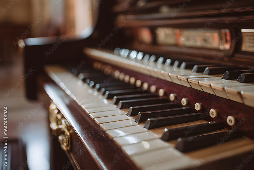 Poster close-up of organ keyboard gleaming keys emphasizing intricate details in minimalistic style