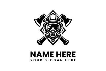 Firefighters Helmet and Gas Mask with Crossed Axes Emblem in Bold Black Silhouette.