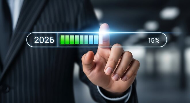 Businessman's finger touching progress bar indicating year 2026 and 15 percent completion future technology