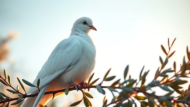 A white dove perched on olive branches, bathed in golden sunlight against a soft blue background, symbolizing peace.
