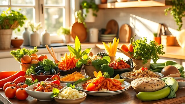 Colorful Mediterranean dishes in sunlit kitchen, symbolizing health and vitality.
