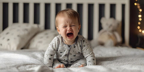 Crying baby on a bed experiences colic pain. The distressed baby shows signs of discomfort, highlighting the challenges of colic pain during early childhood.