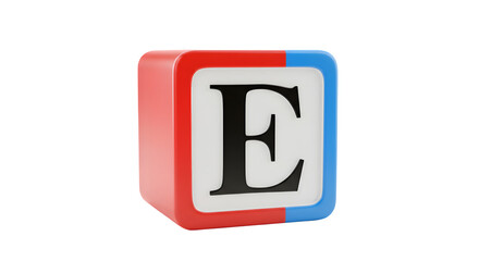 Red, blue, white cube displays "E" with 3D rendering for learning, branding, and backdrops.