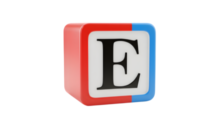 Red, blue, white cube displays "E" with 3D rendering for learning, branding, and backdrops.