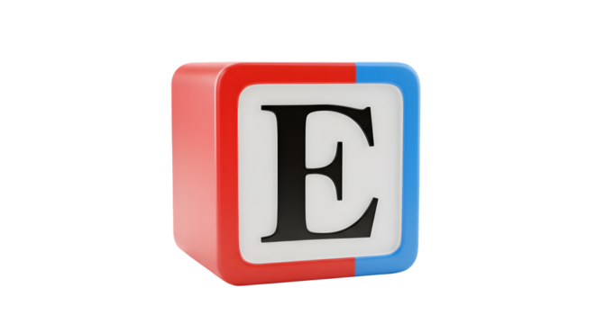 Red, blue, white cube displays "E" with 3D rendering for learning, branding, and backdrops.