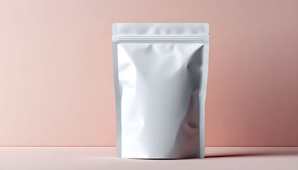 A close-up shot of a blank, white, stand-up pouch against a pink background.